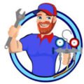 Cartoon man with red hair and beard wearing a hat and holding a wrench and hvac equipment